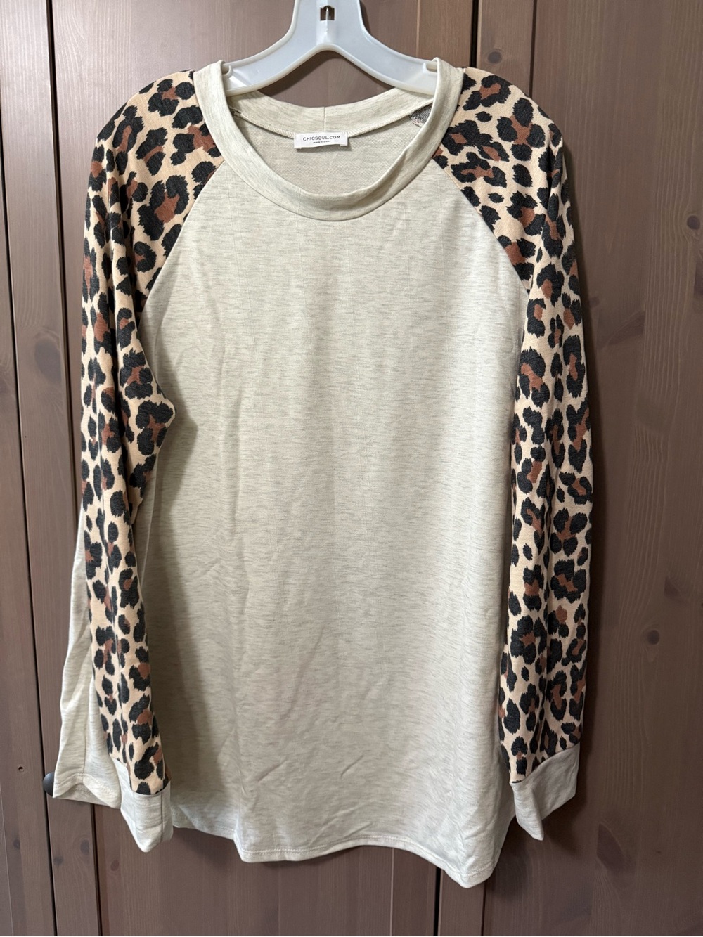 Chicsoul Leopard Sleeve Long-Sleeve Top - Cream, 1X